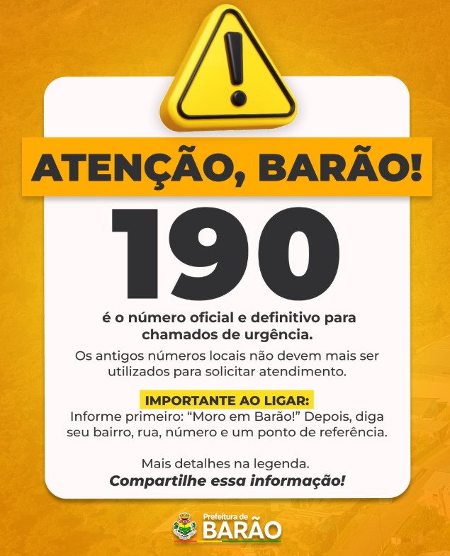 Barão passa a ter o 190 como número oficial para chamados de urgência