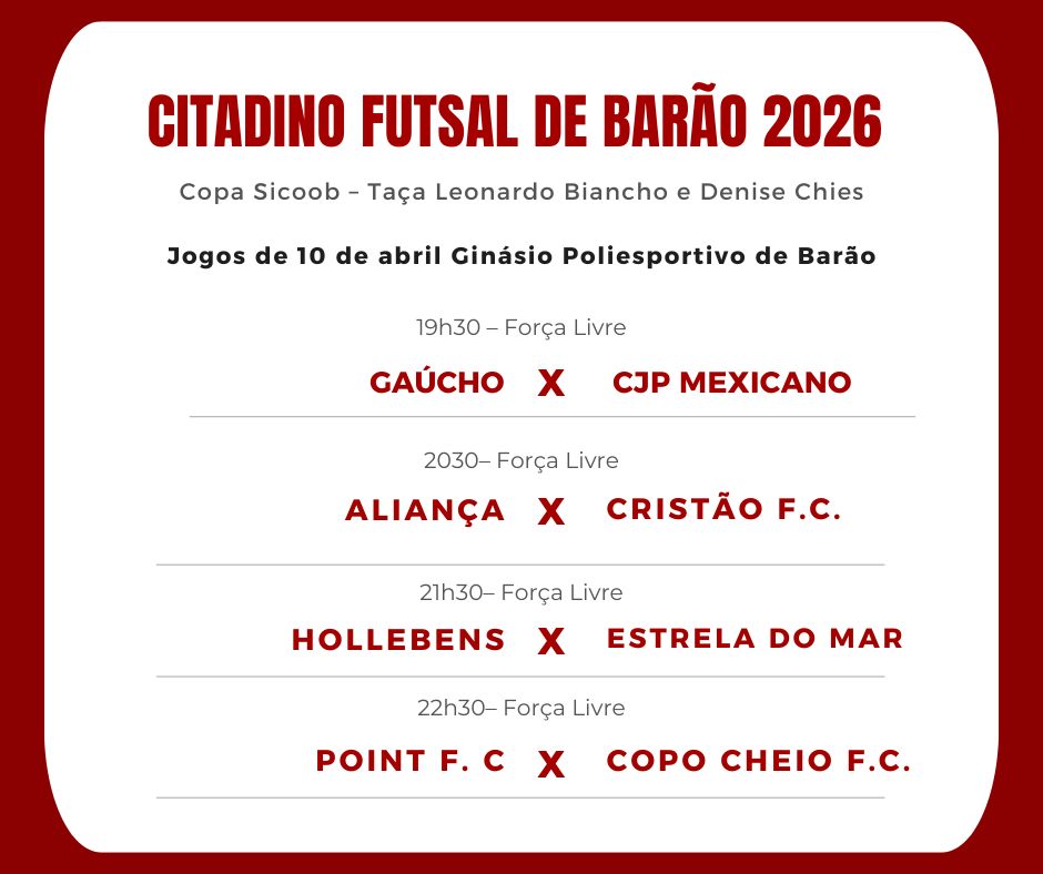 Quartas de final do Citadino de Barão seguem nesta sexta com jogos decisivos no Poliesportivo